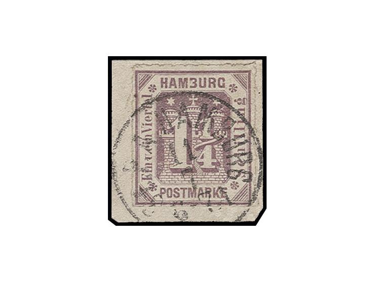 1866, 1¼ Sch. grauviolett mit Plattenfehler "HAM3URG", farbfrisch und einwandfrei durchstochen mit EKr. des Stadtpostamtes au
