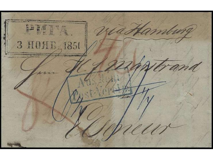 STEMPEL: "Aus dem Post-Verein", blauer Ra2 klar auf kpl. Faltbrief von "RIGA 3.11.1851" (schwarzer Ra2) via Hamburg mit Taxän