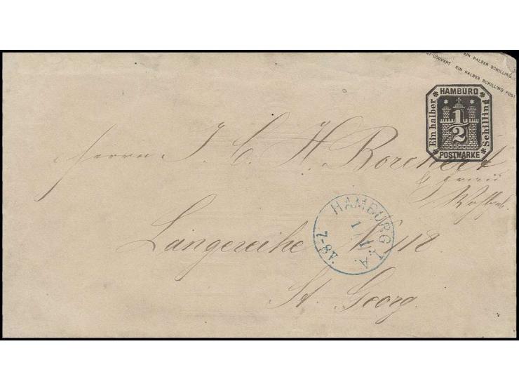 "HAMBURG I.A. 1/1 7-8 V.", blauer EKr. des Oberpostamtes ohne Jahreszahl (nur in der ersten Hälfte 1868 benutzt) nebengesetzt