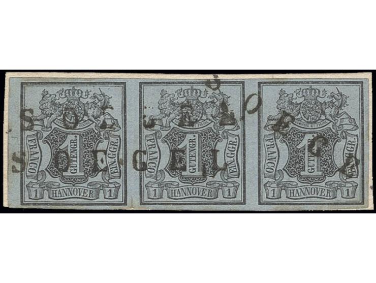 1 Ggr. auf graublau im waagerechten 3er-Streifen, voll- bis breitrandig mit 3mal aufgesetztem L1 "SOEGEL" auf Briefstück, zwi