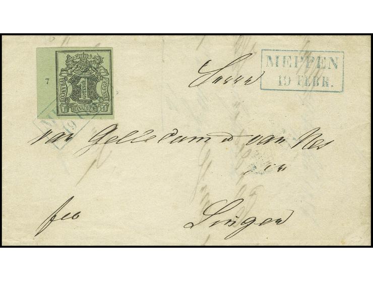 1 Ggr. auf graugrün, voll- bis breitrandiges linkes Randstück mit Reihenzähler "7" mit klarem Ra2 "MEPPEN 19 FEBR." auf klein