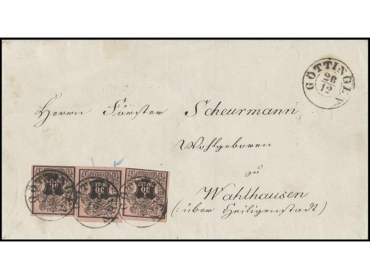 1/30 Th. auf lachsfarben, 3 Einzelwerte, einer unten in der Randlinie leicht berührt, sonst voll- bis breitrandig und farbfri