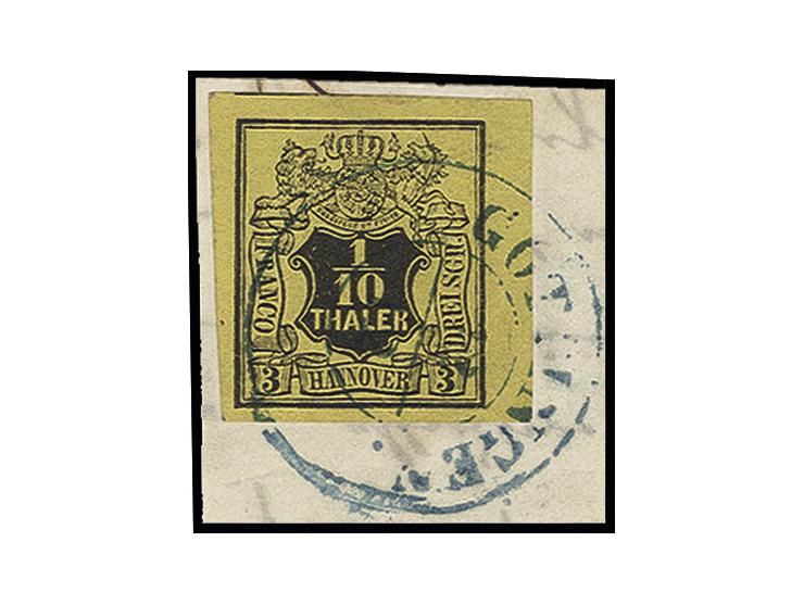 1/10 Th. auf gelb, allseits sehr breitrandiges rechtes Randstück mit DKr. von Göttingen auf Briefstück, Kabinett, sign. H. Kr