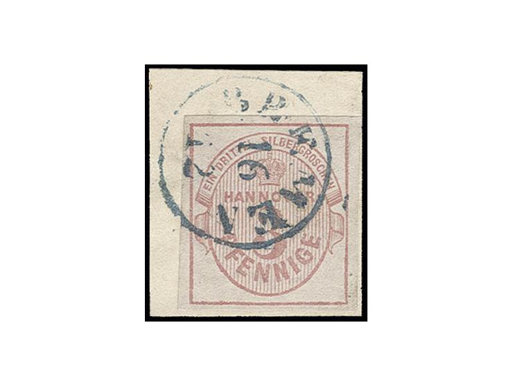 1853, 3 Pfge. mattlilarosa, allseits breitrandig mit blauem "BREMEN 16 12" auf Briefstück, Kabinett, sign. W. Engel und HK