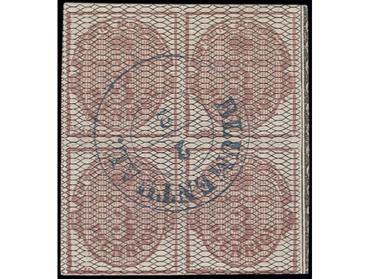 1856/57, 3 Pfg. rötlichkarmin, schwarz genetzt, im 4er-Block, unten noch voll- sonst breitrandig, rechts mit schmalem Bordüre