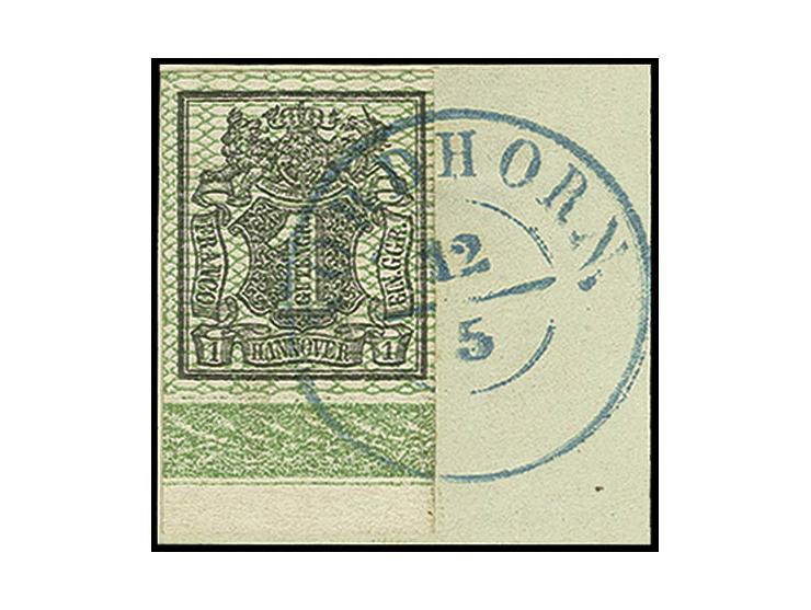 1 Ggr. schwarz, voll- bis überrandiges Unterrandstück mit klarem DKr. "NORDHORN 12/5" auf Briefstück, Kabinett, sign. H. Krau