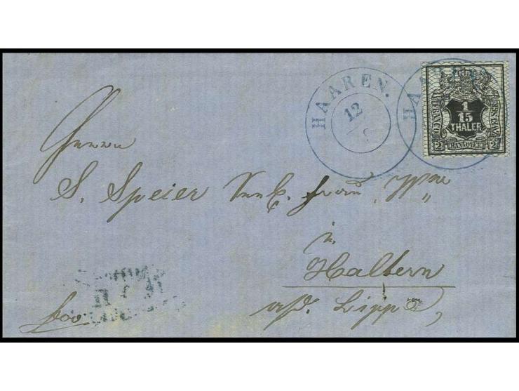 1/15 Th., allseits breitrandig mit klarem DKr. "HAAREN 12/9" (1858) auf Faltbrief nach Haltern, Pracht, Kurzbefund Berger BPP
