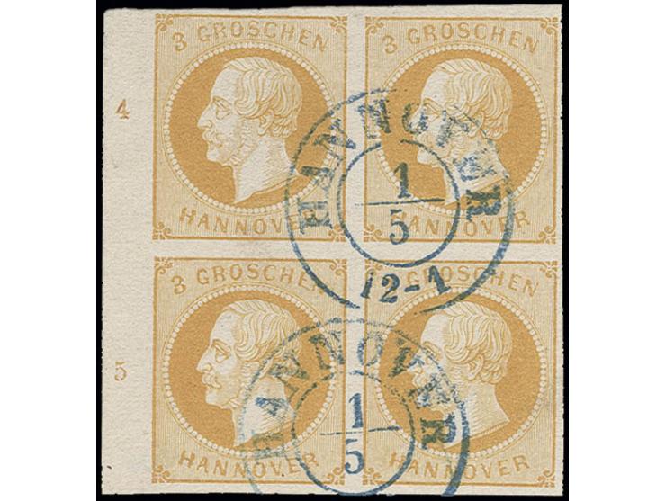 3 Gr. gelborange im 4er-Block, allseits breitrandig, links mit Bogenrand mit Reihenzähler "4" und "5", sauber gestempelt "HAN