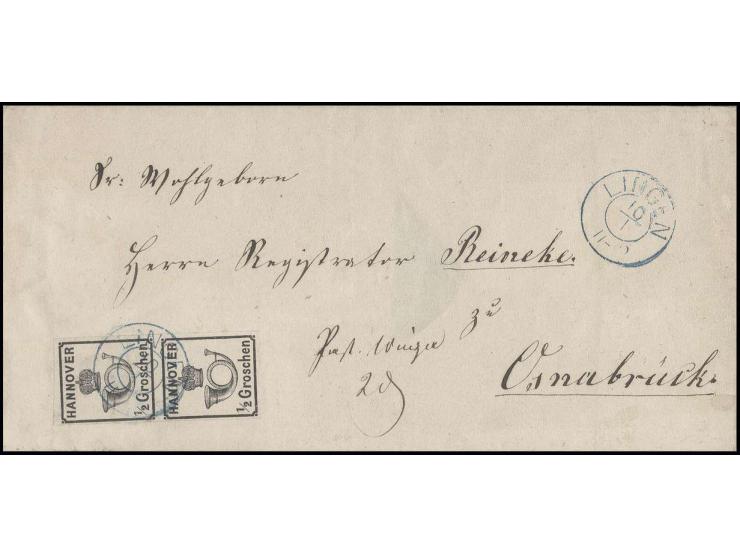 1860, ½ Gr. schwarz im senkrechten Paar voll- bis breitrandig mit DKr. "LINGEN 10/1" auf Briefhülle nach Osnabrück; der obere