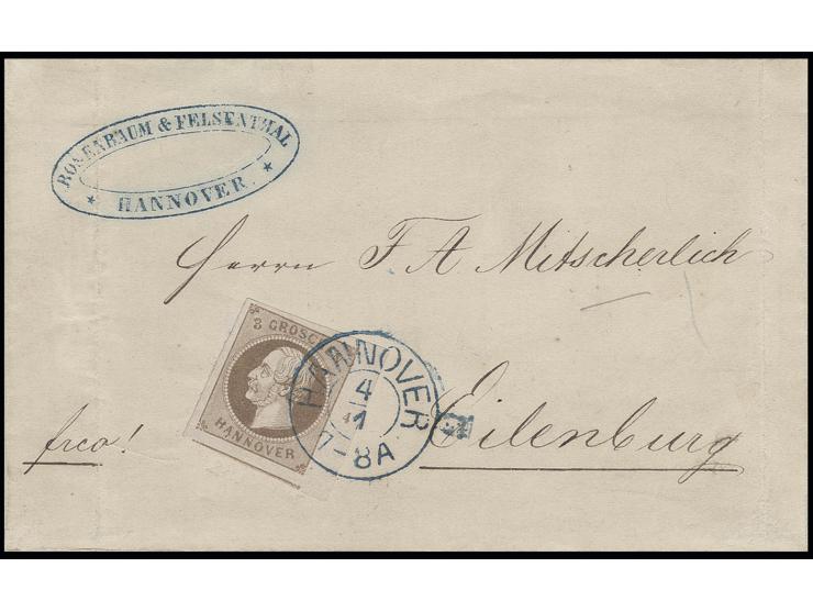 1861, 3 Gr. braun, breit- bis überrandiges rechtes Randstück mit Reihenzähler "4" mit sauberem DKr. "HANNOVER 4/1" (1864) auf