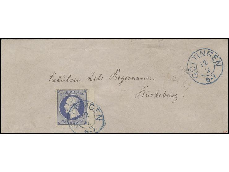 1864, weißer Gummi: 2 Gr. ultramarin, rechtes Randstück mit Reihenzähler "10" mit DKr. "GÖTTINGEN 12 2" auf kleinem Briefkuve