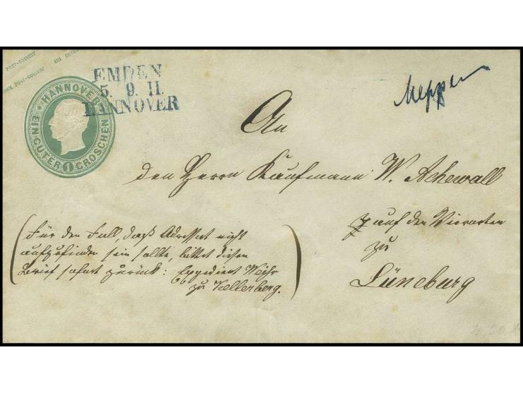 GANZSACHEN: 1857, Umschlag 1 Ggr. grün im Kleinformat mit auf den Wertstempel übergehendem L3 "EMDEN/5.9./HANNOVER" mit hands