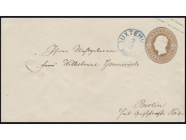 1861, Umschlag 3 Gr. braun mit Lücke hinter "KUVERT" mit sauberem DKr. "BUXTEHUDE NACHTS 2 3" nach Berlin mit Ausgabestempel,