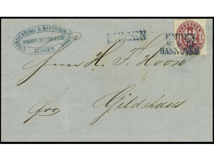 STEMPEL: "EMDEN/HANNOVER", Bahnpost-L3 auf Preußen 1 Sgr. rosa auf Briefhülle mit nebengesetztem Stations-L1 "LINGEN" nach Gi