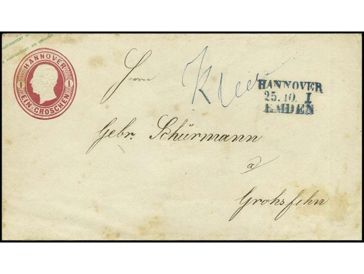 "Kluse", handschriftliche Ortsaufgabe auf Ganzsachenumschlag 1 Gr. rosa mit L3 "HANNOVER/25.10./EMDEN" nach Großefehn mit Ank