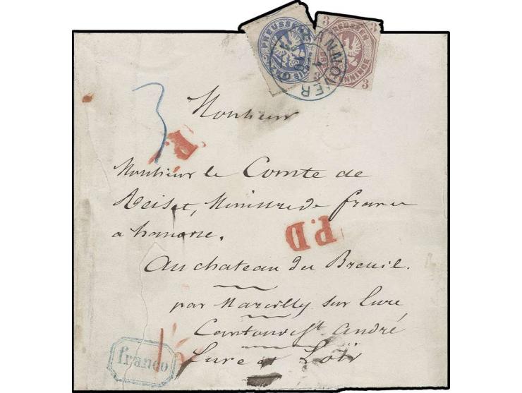 PREUSSEN IN HANNOVER GEBRAUCHT: Wappenausgabe 3 Pfg. graulila und 2 Sgr. ultramarin mit klarem DKr. "HANNOVER 1/10" (1866) au