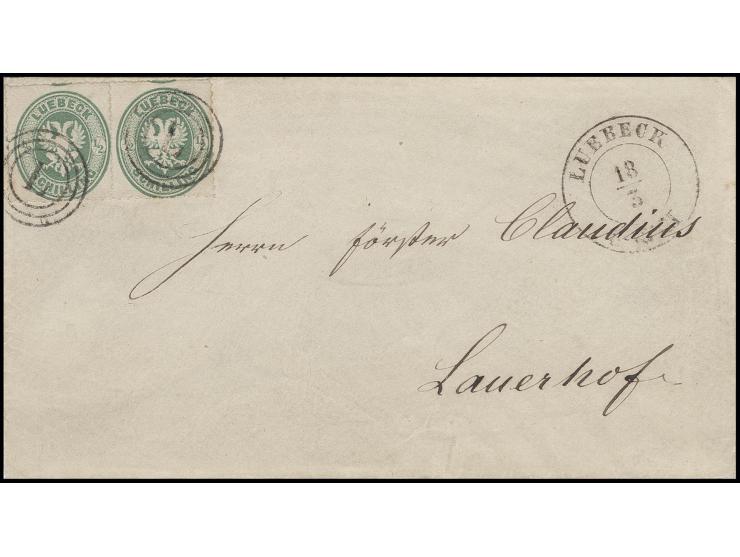 1863, durchstochen: ½ Sch. gelblichgrün im waagerechten Paar mit Dreiringstempel "L" und nebengesetztem Aufgabestempel "LUEBE