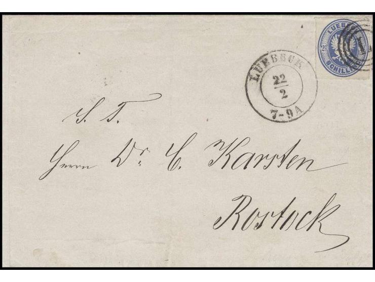 2 ½ Sch. ultramarin, farbfrisch und gut durchstochen mit Dreiringstempel "L" und nebengesetztem DKr. "LUEBECK 22/2" auf Brief