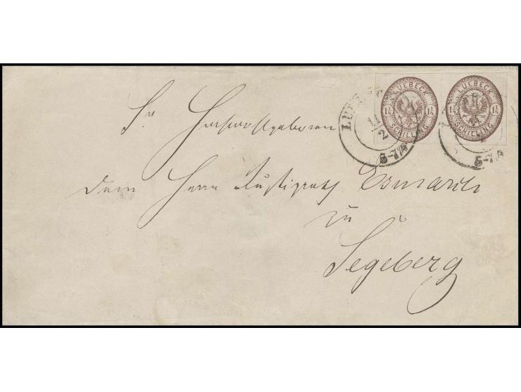 1864, ½ Sch. dunkelbraun im waagerechten Paar, voll- bis breitrandig mit DKr. "Lübeck 11/2" (1867) auf Briefhülle nach Segebe