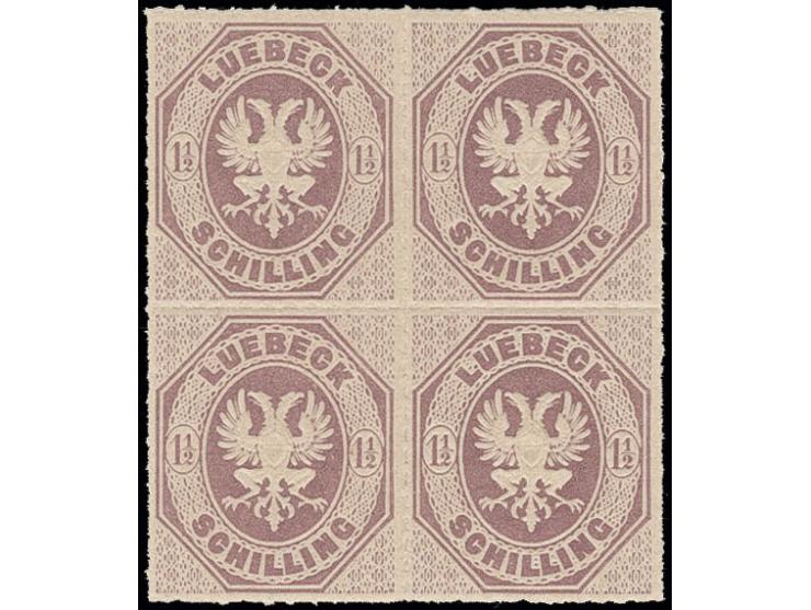 1865, 1½ Sch. dunkelbraunpurpur im 4er-Block, postfrisch, Kabinett