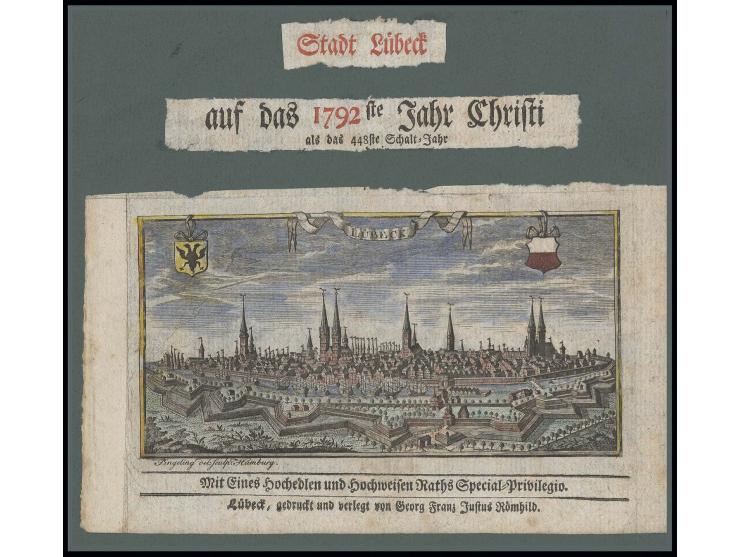 DIVERSES: 1792, colorierte Ansicht von Lübeck von G.F.J. Römhild, aufgezogen auf Karton, rückseitig Aufzählung "Von ankommend