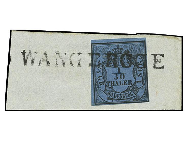 1/30 Th. auf ultramarin, 5 Einzelwerte, dabei alle 3 Typen, sowie Briefstück mit L1 "WANGEROGE", bis auf eine alle sign. Berg