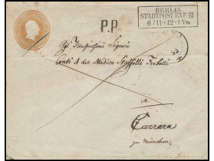 GANZSACHEN: 1851, 3 Sgr. orangegelb, im Großformat mit beigsetztem Ra3 "BERLIN STADTPOST EXP: III 6.11." und L1 "P.P." als Te