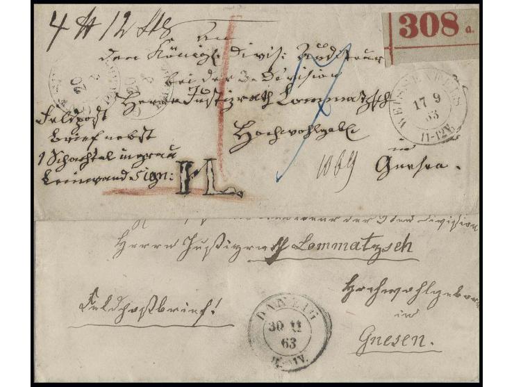 1863, 2 Feldpostbriefe, 1. "Feldpostbrief nebst einer Schachtel...", Paketbegleitbrief mit DKr. "WEISSENFELS 17 9 63" mit 7 S