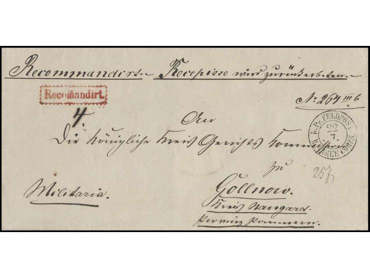 1866, "K. Pr. FELDPOST II. ARMEE CORPS 22 7", DKr. der 1. Armee auf Einschreiben mit Ra. "Recomandirt"-Stempel auf Dienstbrie
