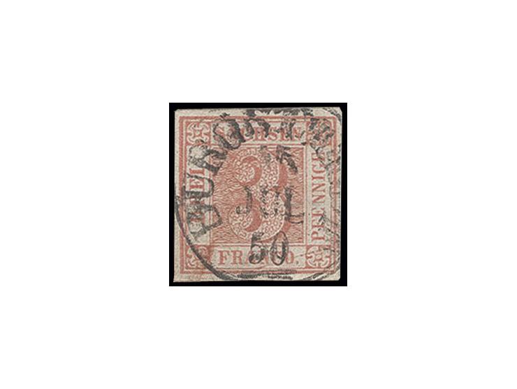 3 Pfg. kirschrot, Platte II, Type 3, allseits breitrandig und sehr schön farbfrisch mit sltener Entwertung durch zentrisch sa