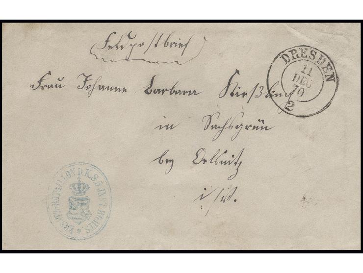 FELDPOST: 1870, "ERSATZ-BATAILLON D.K.S.5.INFT.RGMTS / Wappen", blauer Ovalstempel auf Umschlag mit DKr. "DRESDEN 11. DEC. 70