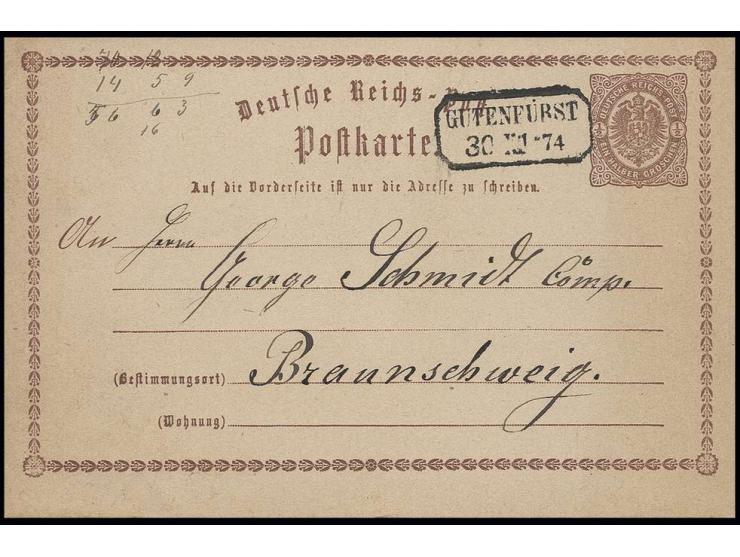 "GUTENFÜRST/30.XII.74", nachverwendeter Achteck-Ra. auf DR-Ganzsachenkarte ½ Gr. nach Braunschweig, dekoratives Los