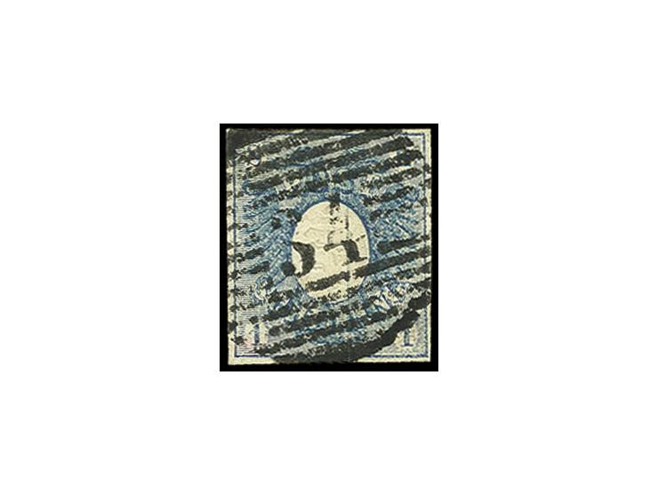 1850, 1 Sch. blau, allseits breitrandig und farbfrisch mit zentrisch abgeschlagener Nr. "34" RENDSBURG, seltene Marke in über