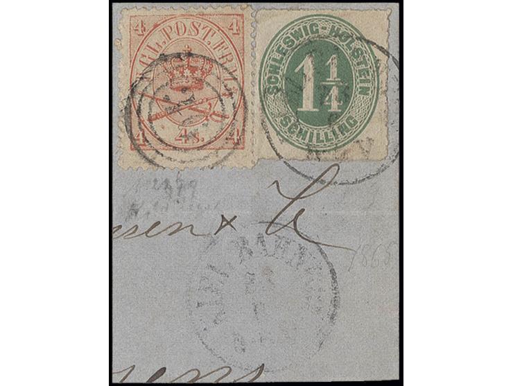 1865, 1¼ Sch. grün mit Stempel "KIEL BAHNHOF 23/6" in Mischfrankatur mit Dänemark Ovalausgabe 4 Sk. zinnoberrot mit Nr. "36" 