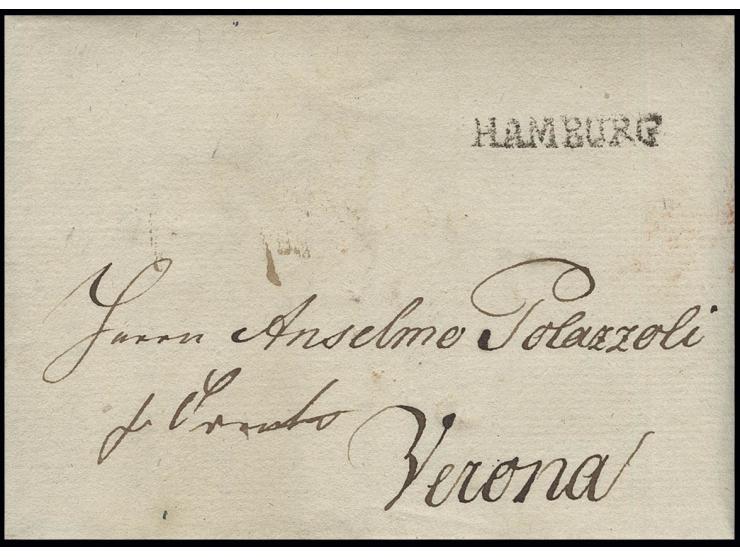 STEMPEL: "HAMBURG", L1 auf kpl. Faltbrief  aus Altona mit Datierung vom 11.9.1801 nach Verona mit rückseitiger Taxe "9" und L