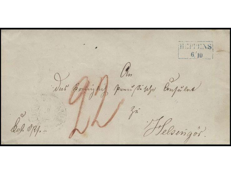"HEPPENS 6.10.", blauer Ra2 klar auf Faltbriefhülle mit Tax-Vermerk "22" via Oldenburg und Hamburg nach Helsingör mit Ankunft