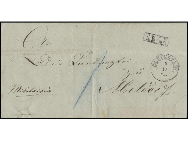 1849, Militärdienstbrief mit "S.B. 4.B." (Soldatenbrief, 4. Bataillon), aufgegeben in "GLÜCKSTADT 8/11" nach Meldorf