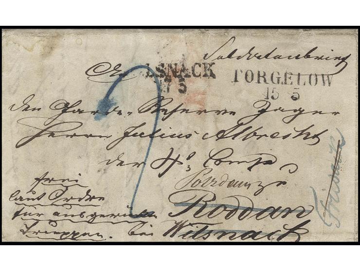 1851, "Soldatenbrief" aus "TORGELOW 15 5" an den Garde Reserve Jäger Albrecht in Roddan/Wilsnack, Absendervermerk: "frei laut