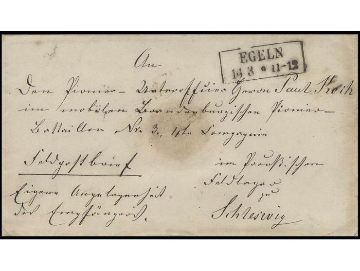 1864, "Feldpostbrief, Eigene Angelegenheit des Empfängers", (Kennzeichnung entsprechend der Verfügung vom 14.3., Beleg vom er