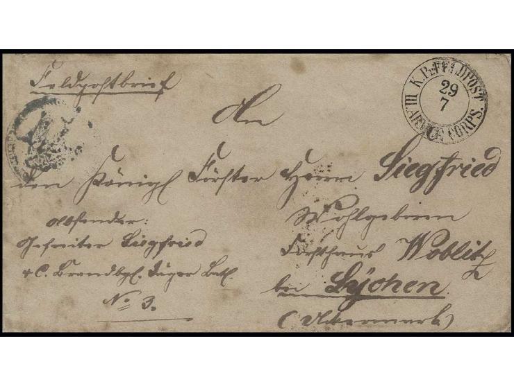1864, "K. Pr. FELDPOST III. ARMEE CORPS 29 7", DKr. auf Feldpostbrief eines Gefreiten aus einem brandenburgischen Jäger-Batai