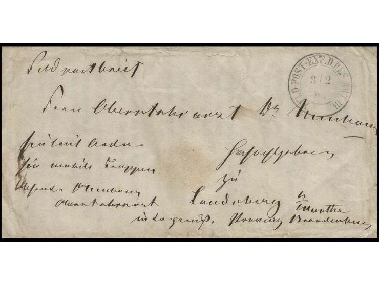 1864, "FELD-POST-EXP.D.RES. ART. III. 3 2 64", DKr. auf "Soldatenbrief, frei laut Order für mobile Truppen" nach Landsberg an