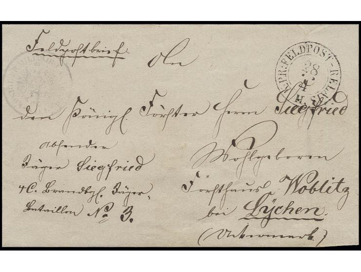 1864, "K. PR. FELDPOST-RELAIS II 28 4", DKr. auf Feldpostbrief eines Jägers aus dem Brandenburgischen Jäger-Bataillon No. 3 n