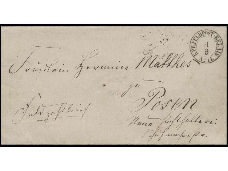 1864, "K. PR. FELDPOST-RELAIS No. 14. 4 9", DKr. auf Feldpostbrief nach Posen an "Fräulein Matthes, Neue Posthalterei"