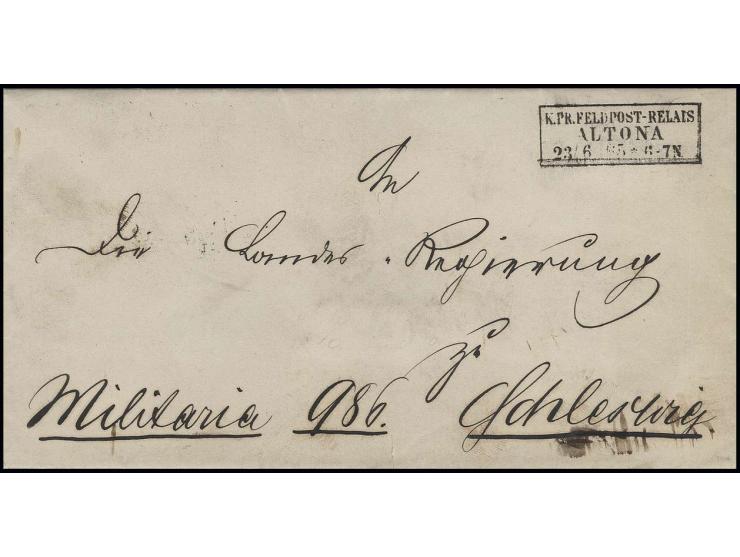 1865, "K.PR.FELDPOST-RELAIS ALTONA 23/6 65", Ra3 auf "Militaria"-Brief an die Landesregierung in Schleswig mit rückseitigem D