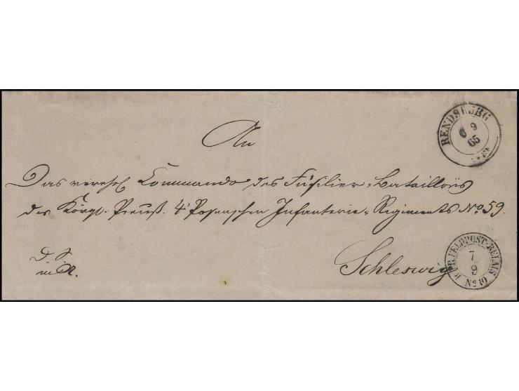 1865, "K. PR. FELDPOST-RELAIS No. 10 7/9", DKr. als Ankunftsstempel auf einem Dienstbrief aus "RENDSBURG 6 9 65" an das "Comm