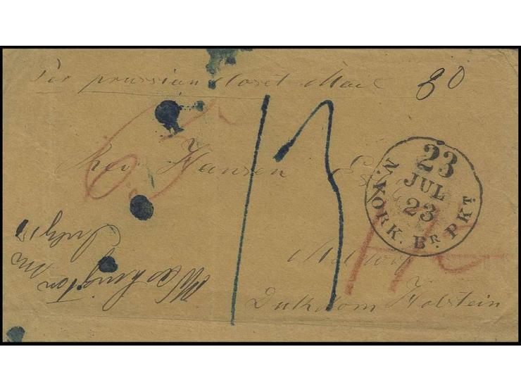 1866, gelber Umschlag mit EKr. "N.YORK BR. PKT. 23.JUL" in schwarz via Aachen und Hamburg nach Nortorf, vorderseitig mit dive