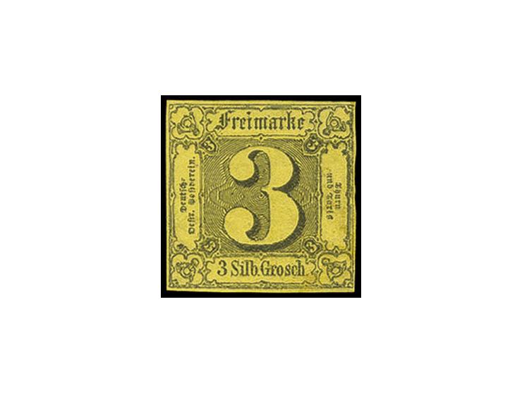 1852, 3 Sgr. auf gelb, voll- bis breitrandig und farbfrisch, ungebraucht mit Restgummi (teils etwas durchschlagend), Pracht, 