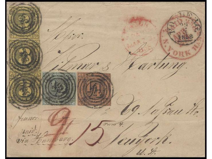 3 Sgr. auf gelb, 3 Einzelwerte mit ¼ Sgr. auf braunorange und ½ Sgr. auf olivgrau mit Nr. "33" auf Briefkuvert von "HOMBERG 2