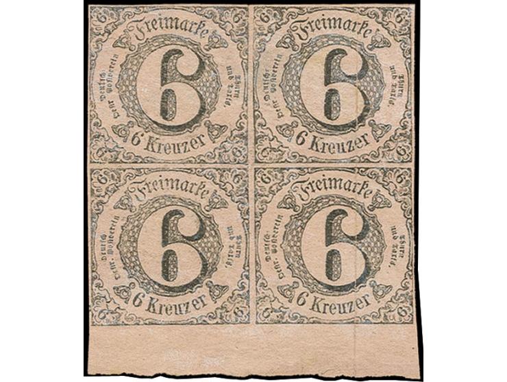 6 Kr. auf rosa im 4er-Block, voll- bis breitrandig geschnitten, unten mit ca. 7 mm Bogenrand, ungebraucht ohne Gummi; vorders