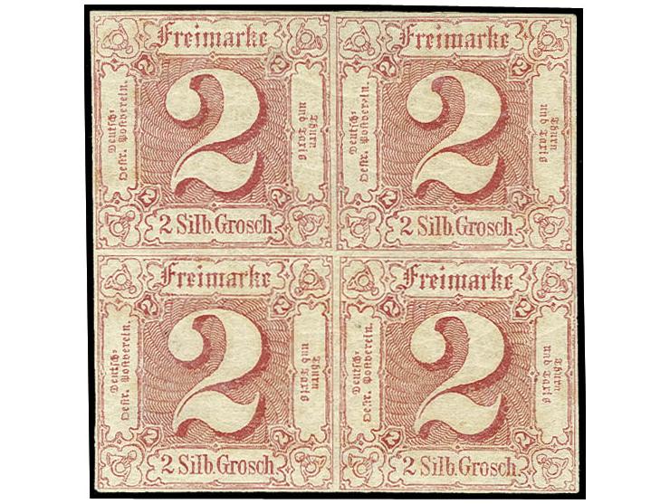 1859, 2 Sgr. dunkelrosarot im 4er-Block, allseits vollrandig und farbfrisch, ungebraucht mit Originalgummi, an einer Stelle g